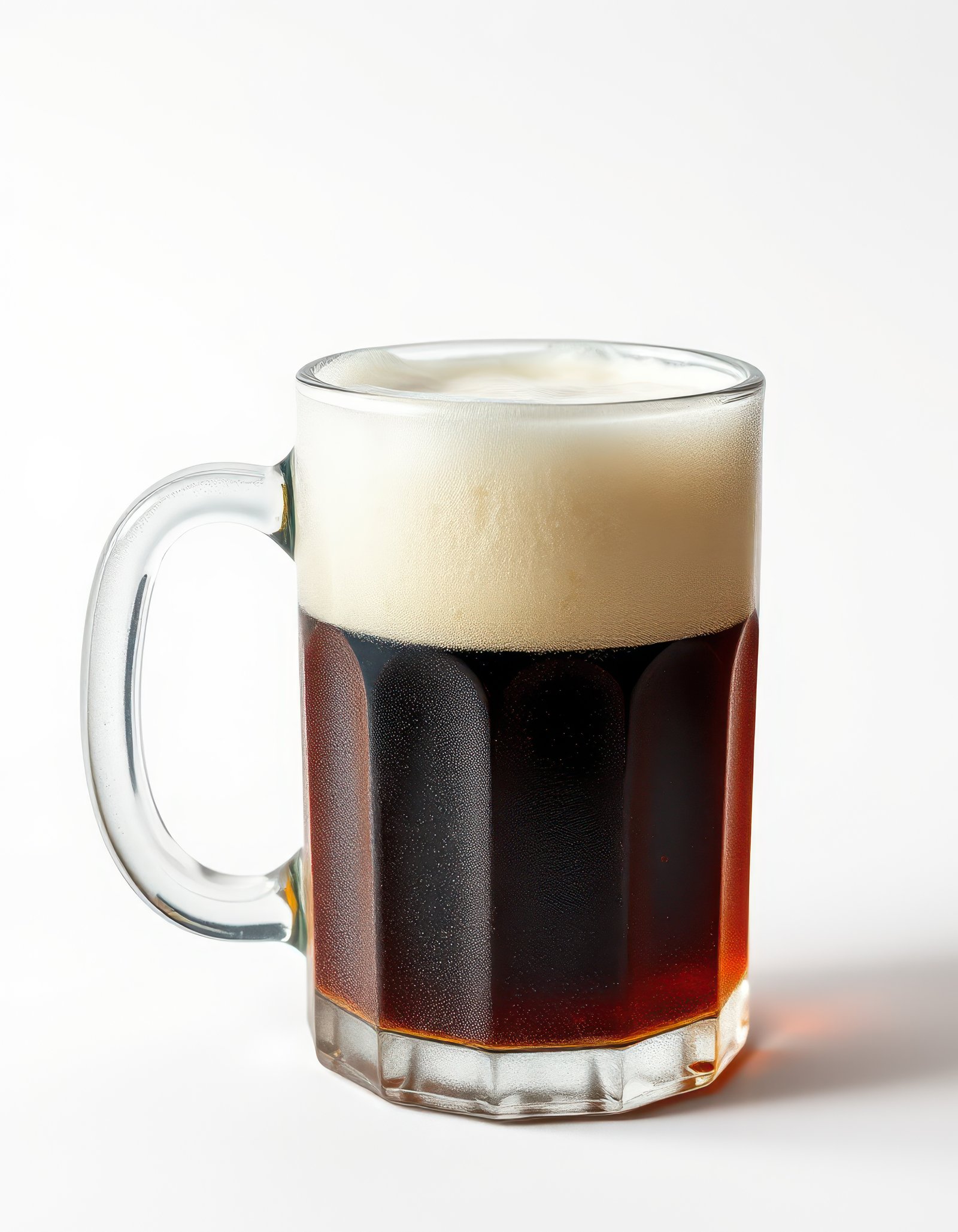 A clear glass mug filled with dark beer rests against a bright white background